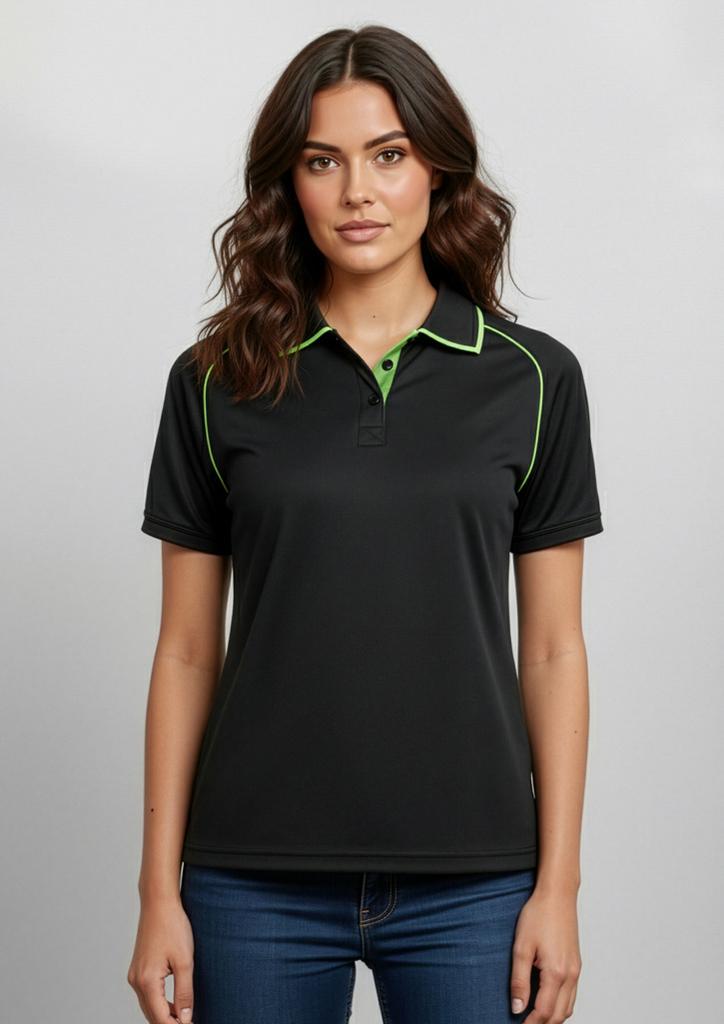 [9401042141859] P29022 - Womens Fusion Short Sleeve Polo (8, Black/Fluoro Yellow/Lime)
