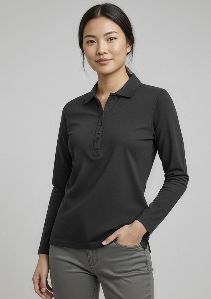 [9401042532220] P400LL - Womens Crew Long Sleeve Polo (8, Black)