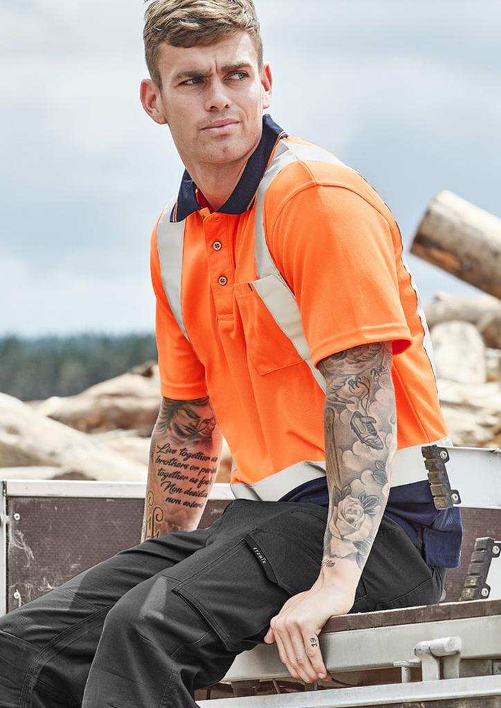 [9401042255112] ZH233 - Mens Hi Vis Spliced Short Sleeve Polo - Shoulder Taped (S, Orange/Navy)