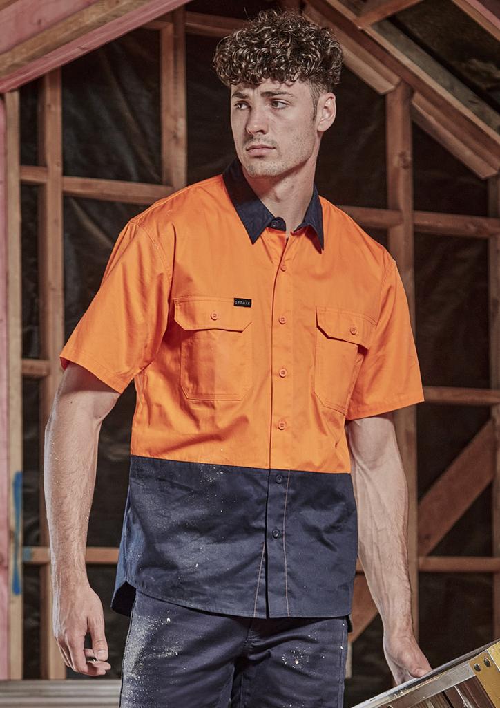 [9401042645463] ZW115 - Mens Hi Vis Short Sleeve Shirt (XXS, Orange/Navy)