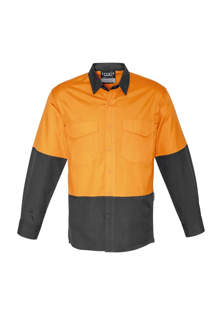 [9401042303080] ZW128 - Mens Rugged Cooling Hi Vis Long Sleeve Shirt (XXS, Orange/Charcoal)