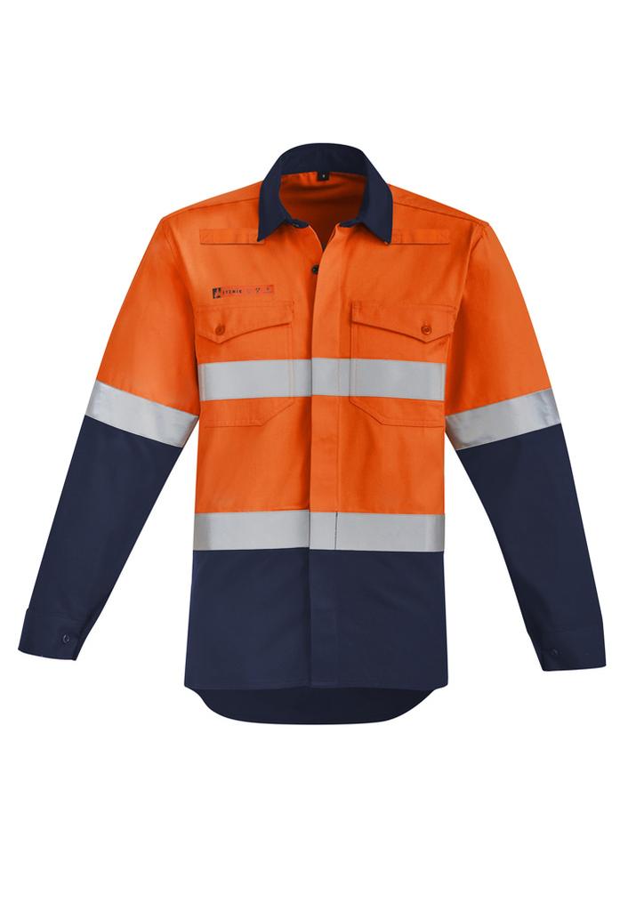 ZW140 - Mens Orange Flame Hi Vis Open Front Spliced Shirt - Hoop Taped