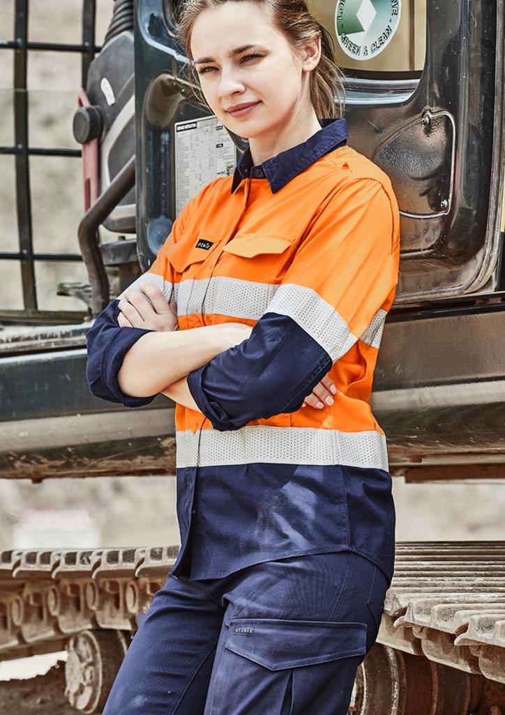 [9401042348258] ZW720 - Womens Rugged Cooling Hi Vis Taped Long Sleeve Shirt (8, Orange/Navy)