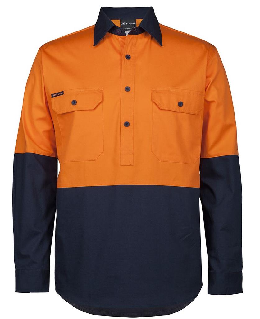 [6HVCSONAA] 6HVCS - JBs Hv Close Front L/S 150G Work Shirt (XS, Orange/Navy)