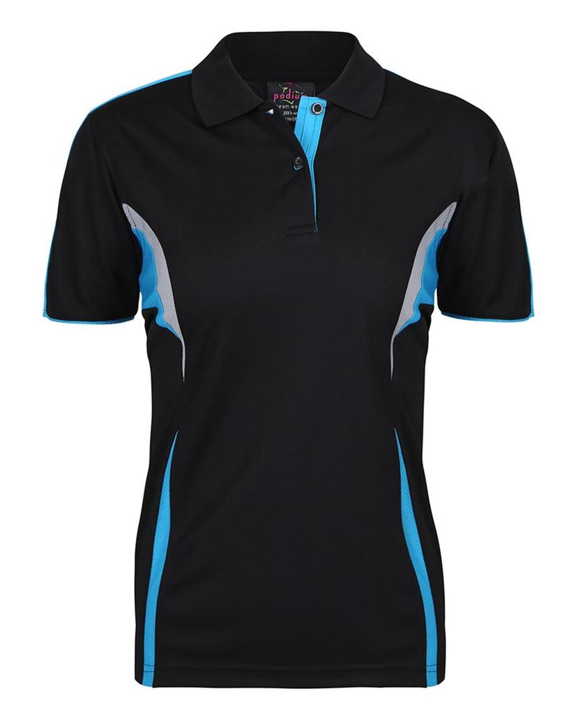 [7COP1BDG08] 7COP1 - Podium Ladies Cool Polo (8, Black/Aqua/Grey)